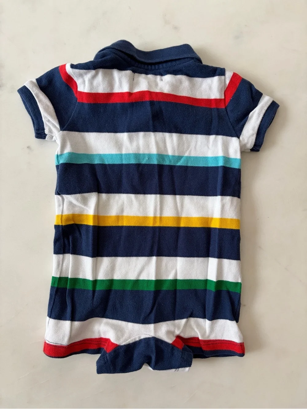 Ralph Lauren Navy Multi-Stripe Polo Romper with Bright Accent Stripes